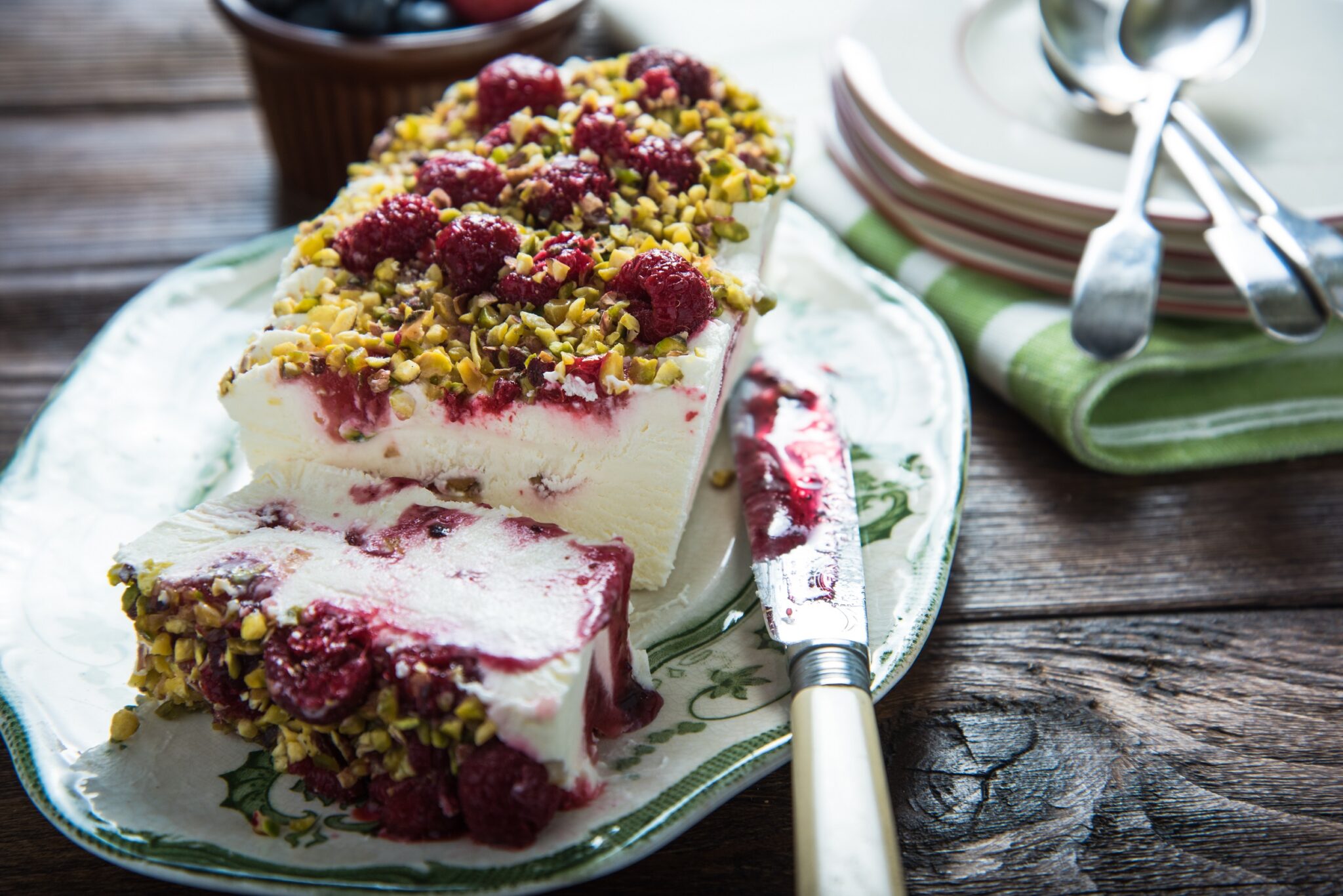 Italian,Dessert,,Semifreddo,With,Fresh,Raspberry,In,Vintage,Kitchen